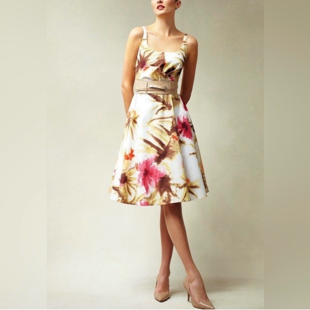 Talbots Fit and Flare Watercolor Dress Brown Pink Cream Size 12. H